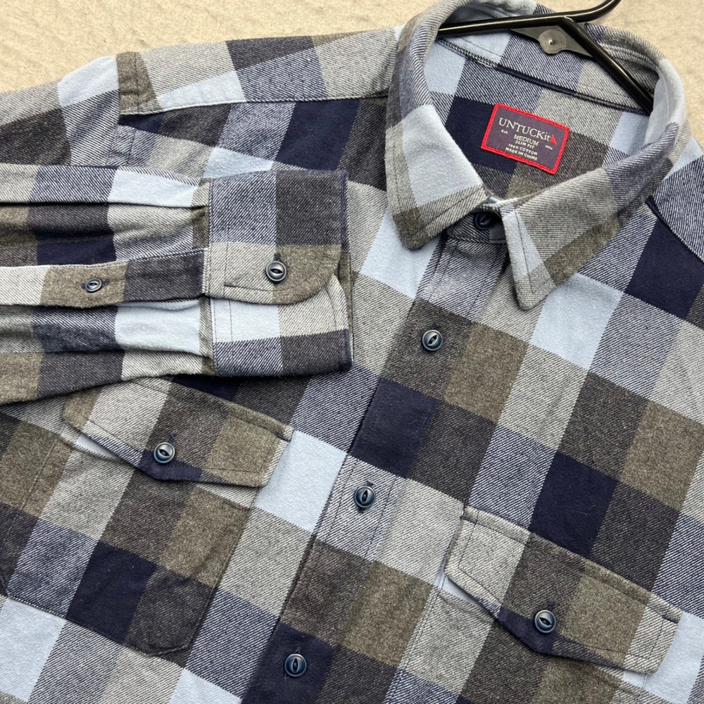 UNTUCKit Mens Medium Slim Fit Flannel Shirt Blue Grey Plaid Button Down 2062